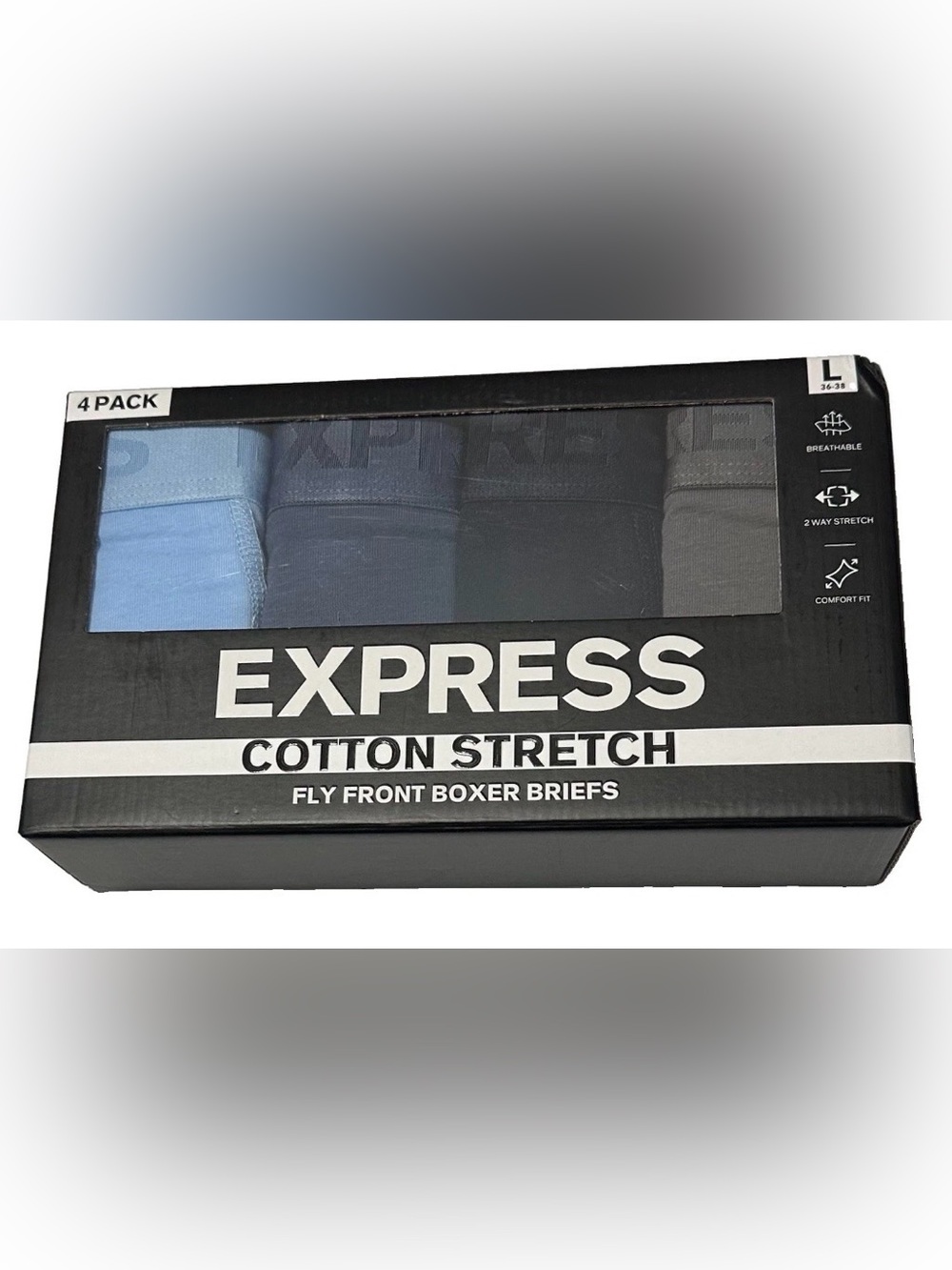 Express 4 Men's Cotton Stretch Fly Front Boxer Briefs Large (36-38) Blues/Gray
